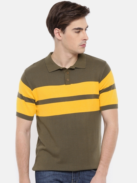 

People Men Olive Green & Yellow Striped Polo Collar T-shirt