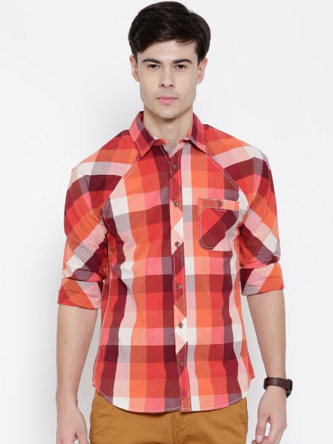 

United Colors of Benetton Orange & Maroon Checked Casual Shirt