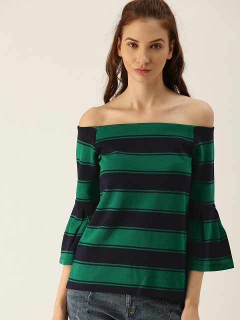 

United Colors of Benetton Women Green Striped Bardot Top
