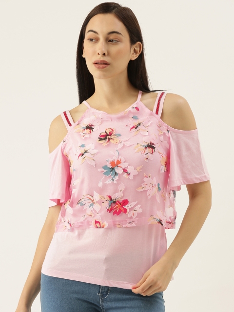 

Madame Women Pink Floral Printed Cold-Shoulder Sleeve Top