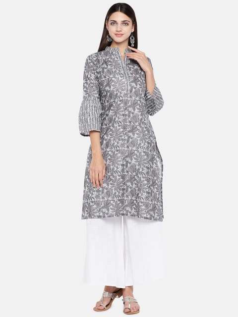 

Divina Women Grey & Off-White Floral Print Straight Kurta