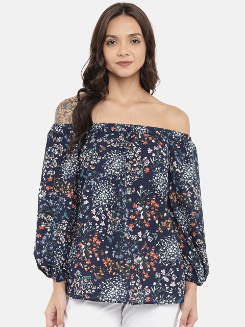 

COVER STORY Women Navy Blue Printed Off-Shoulder Bardot Top