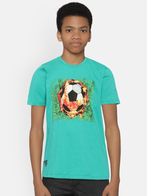 

Monte Carlo Boys Sea Green& Orange Football Printed Round Neck T-shirt