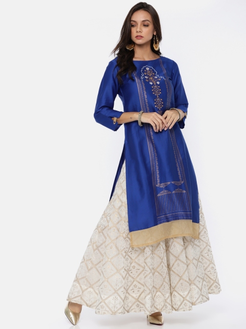 

Span Women Blue Printed Straight Kurta