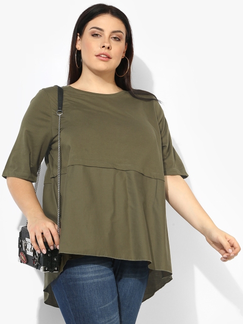 

JUNAROSE Plus Size Women Olive Green Solid High-Low Top