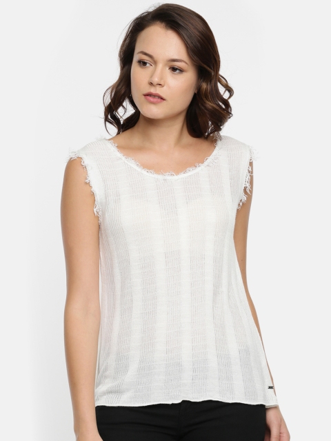 

ELLE Women Off-White Self Design Semi Sheer Top