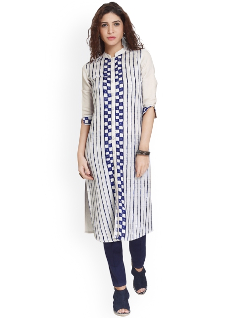 

Naari Women Grey & Navy Blue Striped Straight Kurta