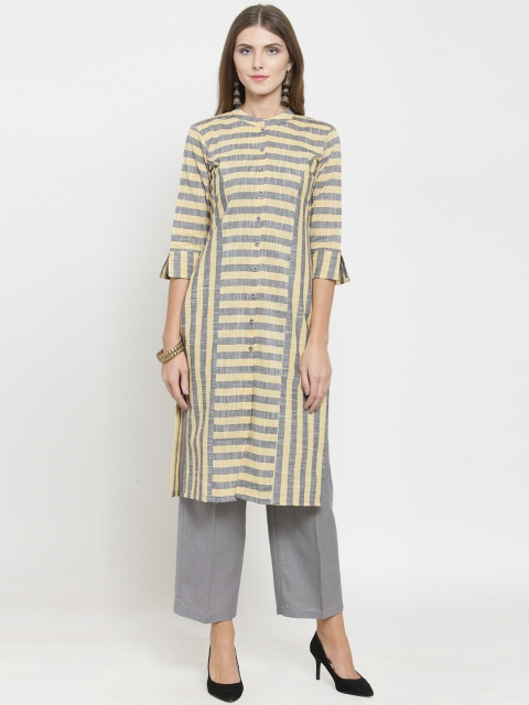 

Indibelle Women Yellow & Grey Striped Straight Kurta