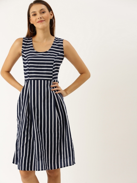 

Qurvii Plus Size Women Navy Blue and White Striped Fit and Flare Dress