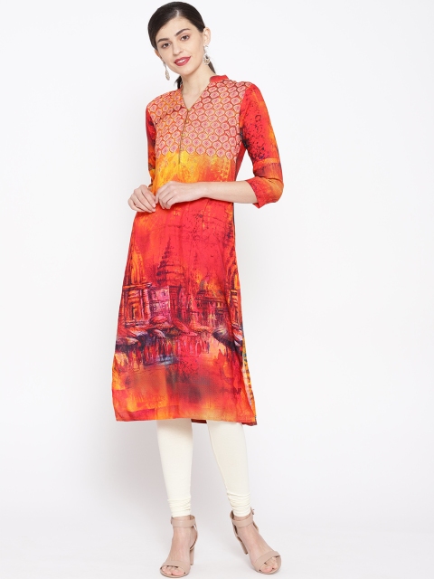 

Naari Women Red & Orange Quirky Printed Straight Kurta
