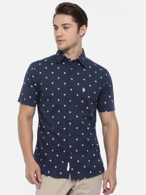 

U.S. Polo Assn. Men Navy Tailored Fit Printed Casual Shirt, Navy blue