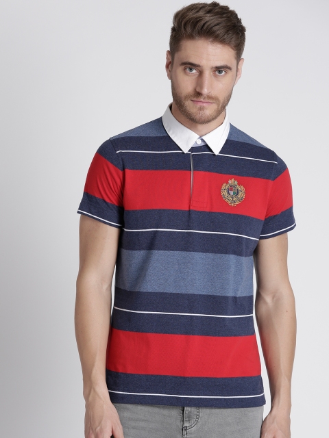 

Splash Men Navy Blue & Red Striped Polo Collar T-shirt