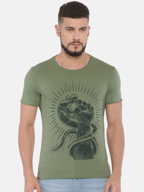 

Ed Hardy Men Olive Green Printed Round Neck Pure Cotton T-shirt