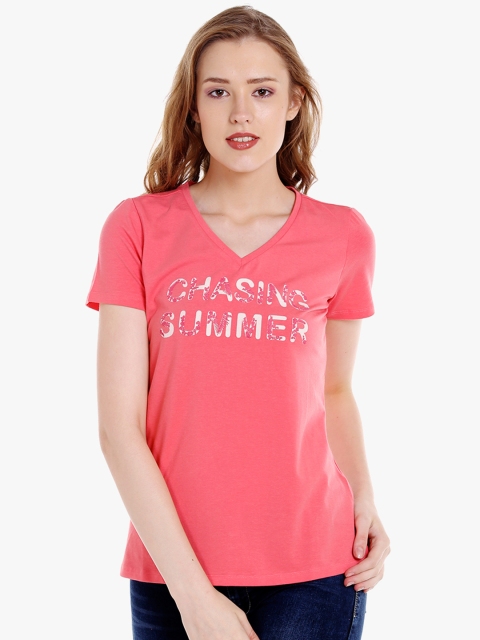 

SPYKAR Women Peach-Coloured Printed V-Neck T-shirt