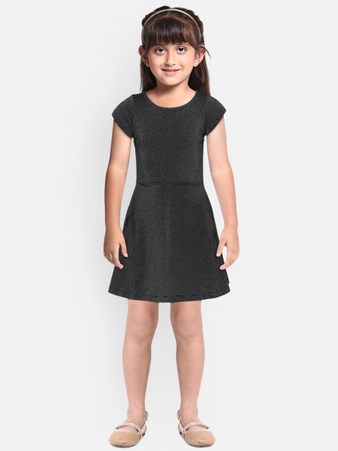 

Pepe Jeans Girls Black & Silver-Toned Striped Fit and Flare Dress with Sheen Effect