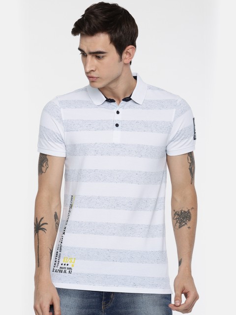 

SPYKAR Men White & Blue Striped Polo Collar T-shirt