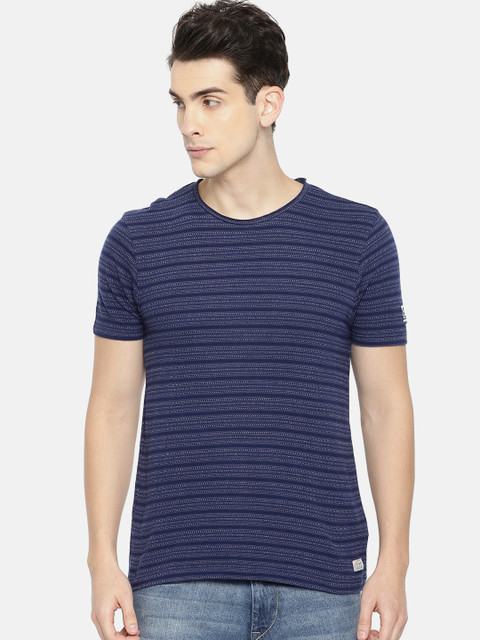 

Ed Hardy Men Navy Blue Striped Round Neck Pure Cotton T-shirt