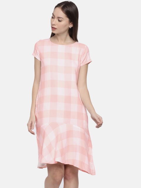 

EVAH LONDON Women Pink & White Checked Drop-Waist Dress