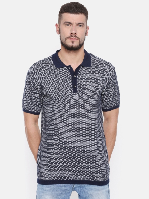 

Indigo Nation Men Navy Blue & White Self Design Polo Collar T-shirt