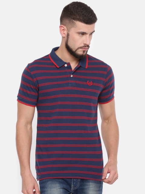 

John Miller Men Navy Blue Striped Polo Collar T-shirt