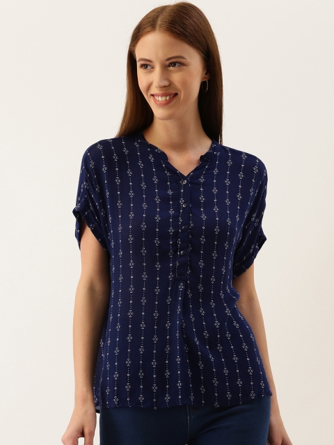 

People Women Navy Blue & White Ethnic Printed Extended Sleeves Top With Pleated Detailing