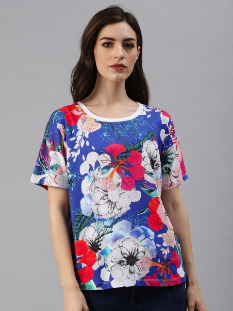 

French Connection Women Blue & Pink Printed Round Neck T-shirt