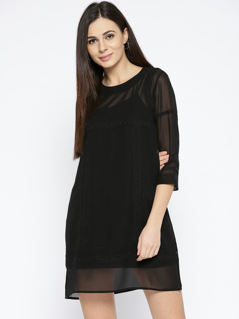 

Miss Bennett Women Black Solid Semi-Sheer A-Line Dress