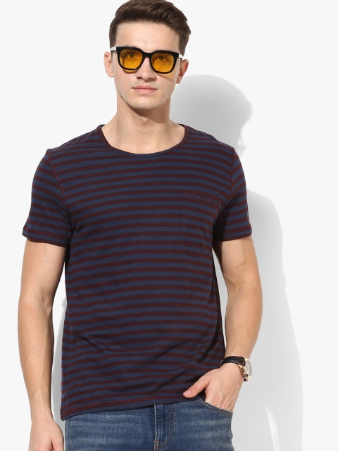 

Indigo Nation Men Navy & Maroon Striped Round Neck T-shirt, Navy blue