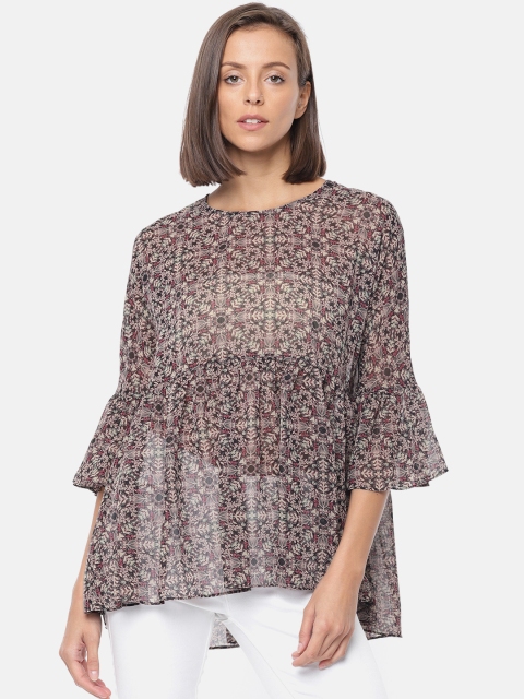 

BCBGeneration Women Black, Olive & Pink Semi-Sheer Printed Top