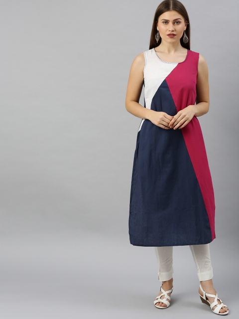

RANGMANCH BY PANTALOONS Women Navy Blue & Fuchsia Pink Colourblocked Straight Kurta