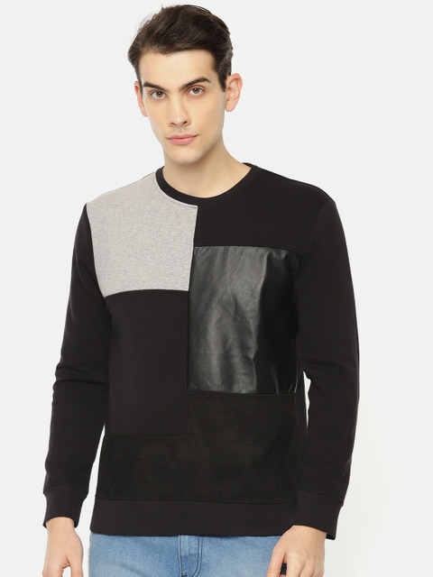 

Indigo Nation Men Black & Grey Melange Colourblocked Sweatshirt