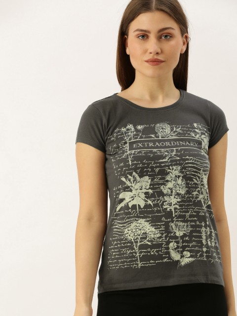

People Women Charcoal Grey & Cream-Coloured Printed Round Neck T-shirt