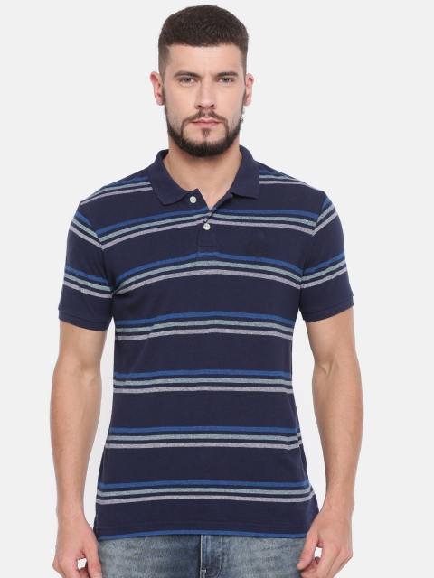 

John Miller Men Navy Blue Striped Polo Collar T-shirt