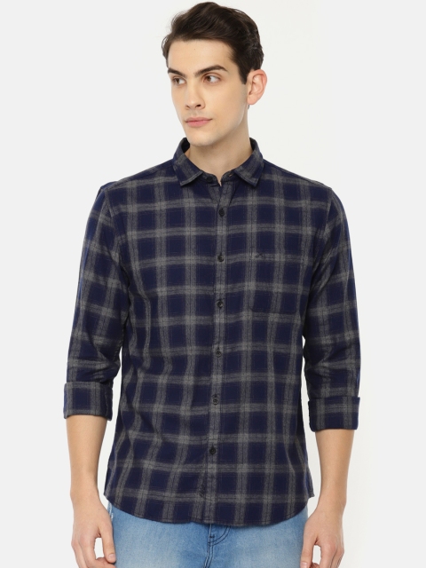 

John Miller Men Navy Blue & Grey Slim Fit Checked Casual Shirt