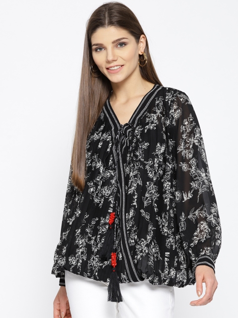 

Miss Bennett Women Black & White Floral Print Blouson Top