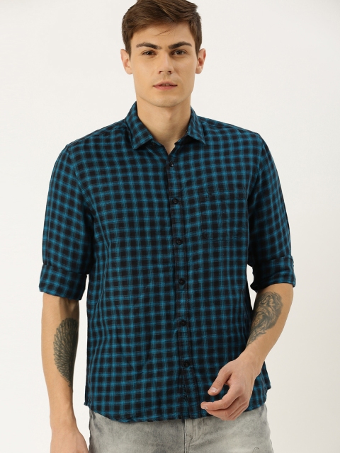 

John Miller Men Navy Blue and Teal Green Slim Fit Checked Casual Shirt