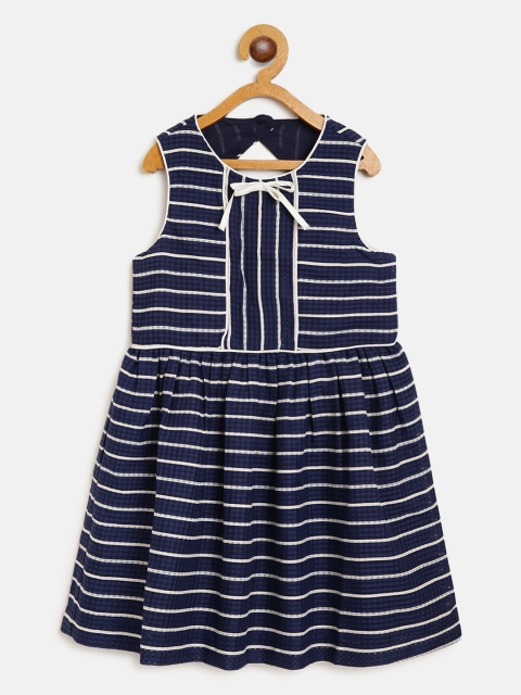 

Nauti Nati Girls Navy Blue & White Cotton Striped Fit and Flare Dress with Cut Out at Back