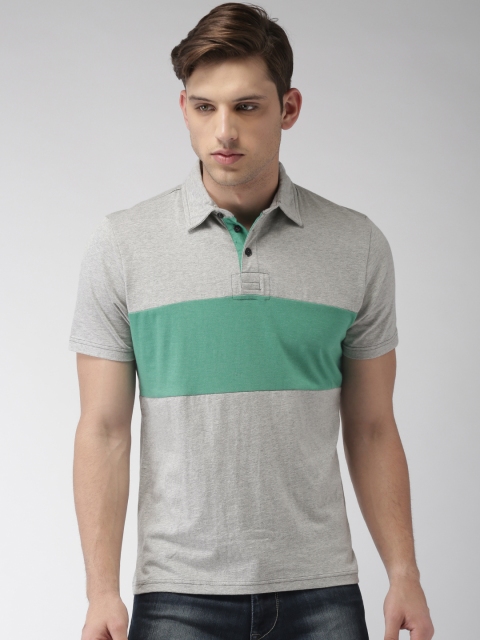 

Aeropostale Men Grey Melange & Green Colourblocked Polo Collar T-shirt