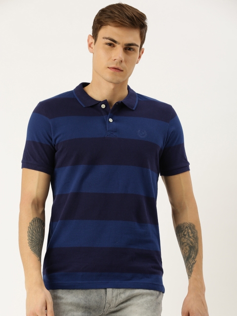 

John Miller Men Navy Blue Striped Polo Collar T-shirt