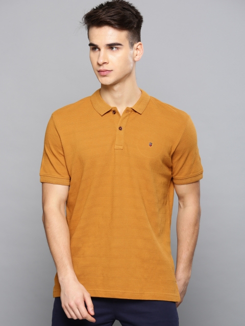 

Louis Philippe Sport Men Mustard Striped Polo Collar T-shirt