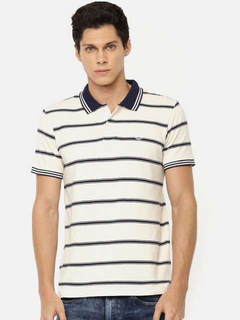 

John Miller Men Off-White & Navy Striped Polo Collar T-shirt