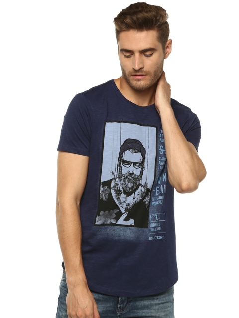 

SPYKAR Men Navy Blue Printed Round Neck Pure Cotton T-shirt