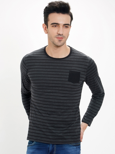 

Maniac Men Charcoal Grey Striped Round Neck T-shirt