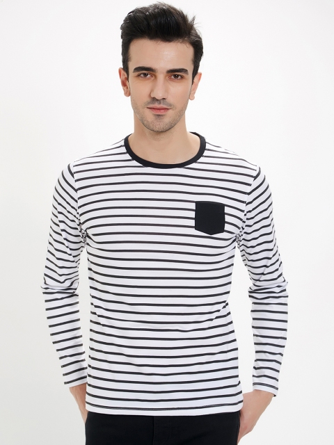

Maniac Men White & Black Striped Round Neck T-shirt
