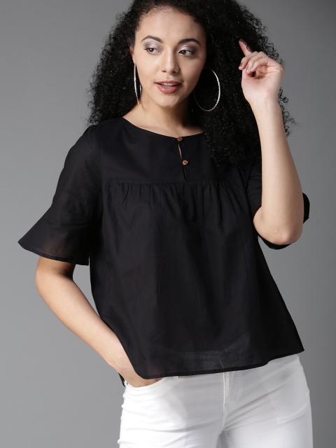 

HERE&NOW Women Black Solid A-Line Pure Cotton Top