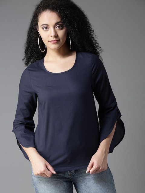 

HERE&NOW Women Navy Blue Solid Pure Cotton Top