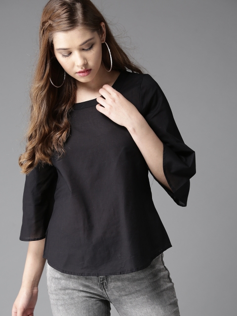 

HERE&NOW Women Black Solid A-Line Pure Cotton Top