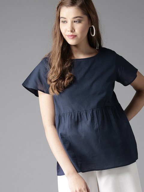 

HERE&NOW Women Navy Blue Solid A-Line Pure Cotton Top
