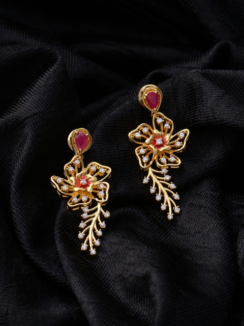 

Studio Voylla Gold-Plated & Pink Handcrafted CZ Studded Floral Drop Earrings