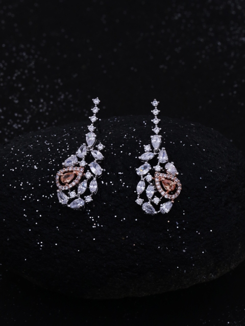 

Studio Voylla Handcrafted Silver-Plated Cubic Zirconia Studded Floral Drop Earrings